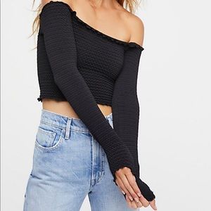 NWT Free People Textured Seamless Off Shoulder Long Sleeve, M/Lrg Black